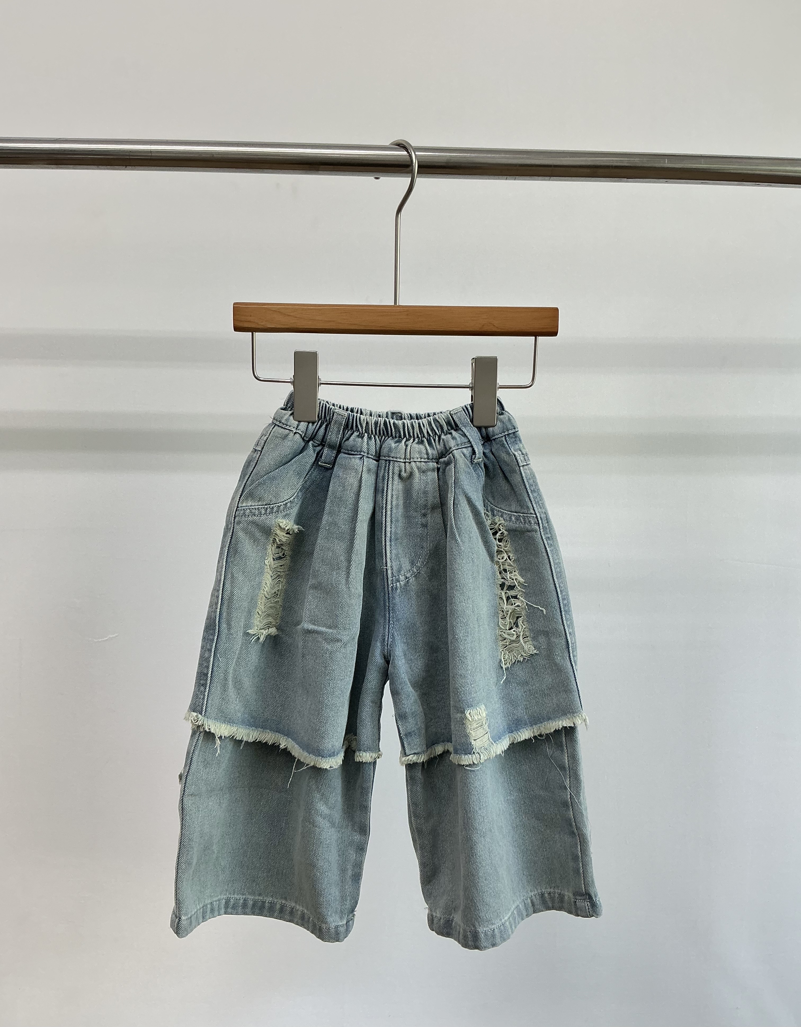 A04531假兩件刷破造型牛仔褲