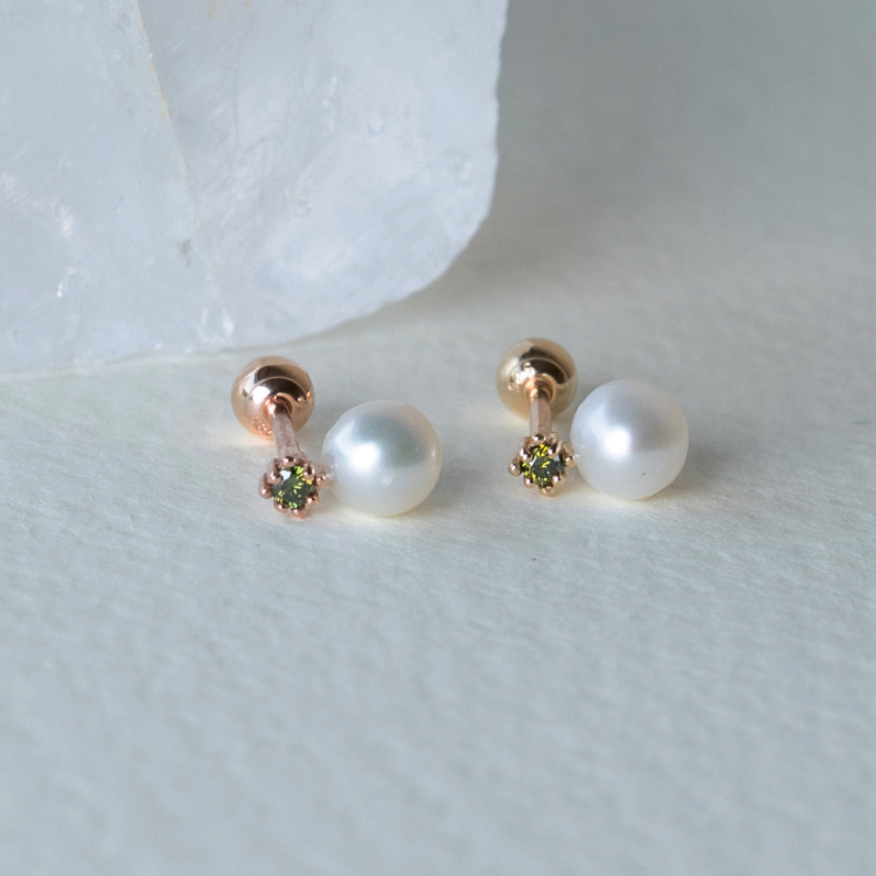 14K小菱光綠鑽珍珠轉珠耳環