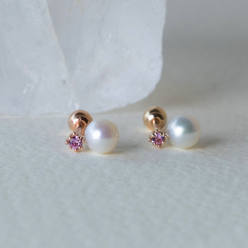 14K小菱光粉藍寶珍珠轉珠耳環