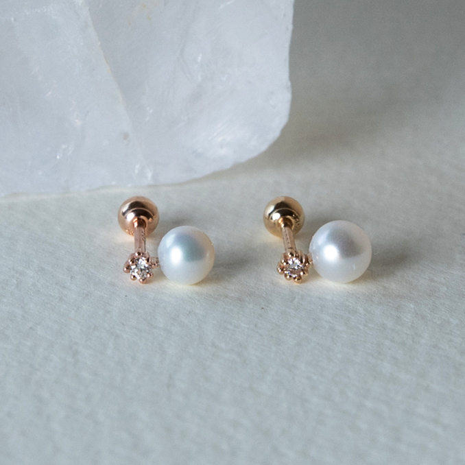 14K小菱光真鑽珍珠轉珠耳環