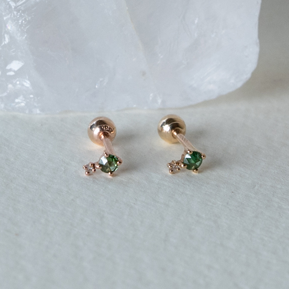 14K玫瑰切割綠白鑽轉珠耳環