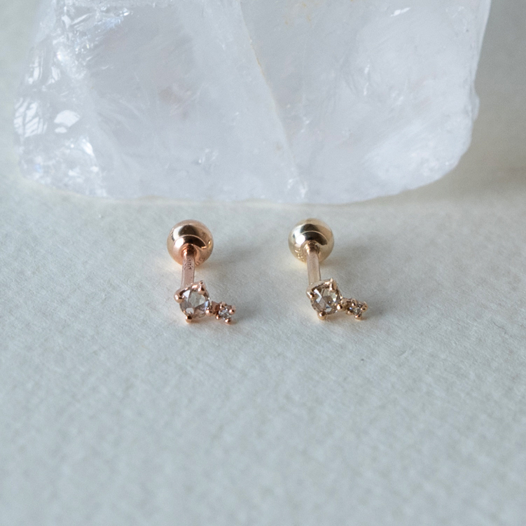 14K玫瑰切割棕白鑽轉珠耳環