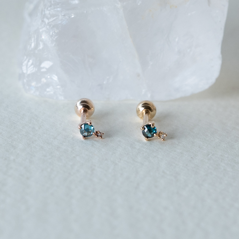 14K玫瑰切割藍白鑽轉珠耳環