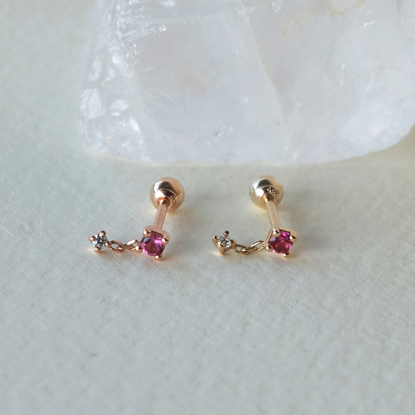 14K小鏈子粉碧璽真鑽轉珠耳環