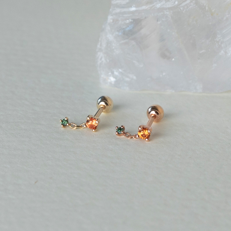 14K小鏈子橘藍寶綠鑽轉珠耳環