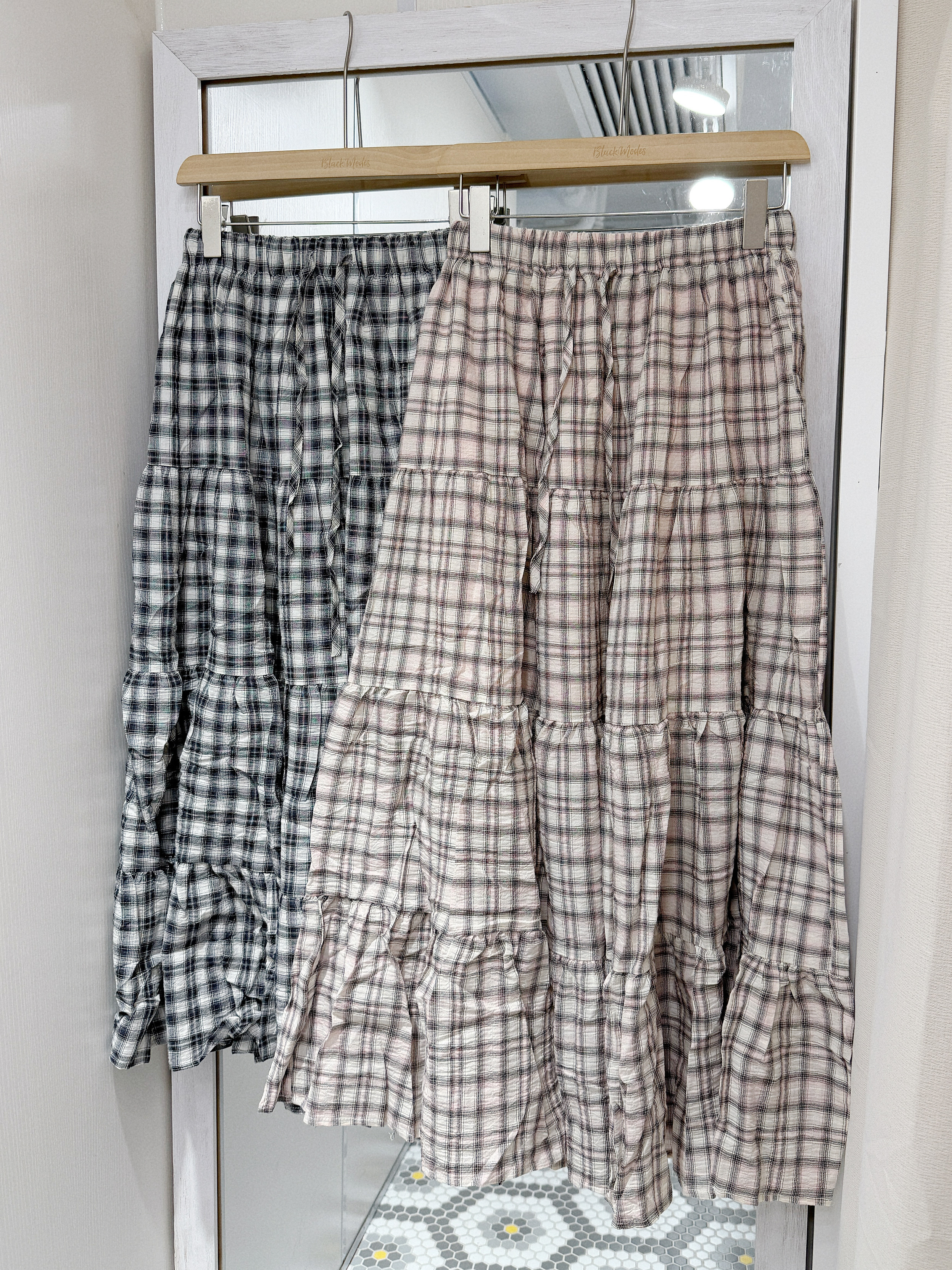 （3月韓國連線） D0360｜田園風撞色格紋綁繩蛋糕長裙