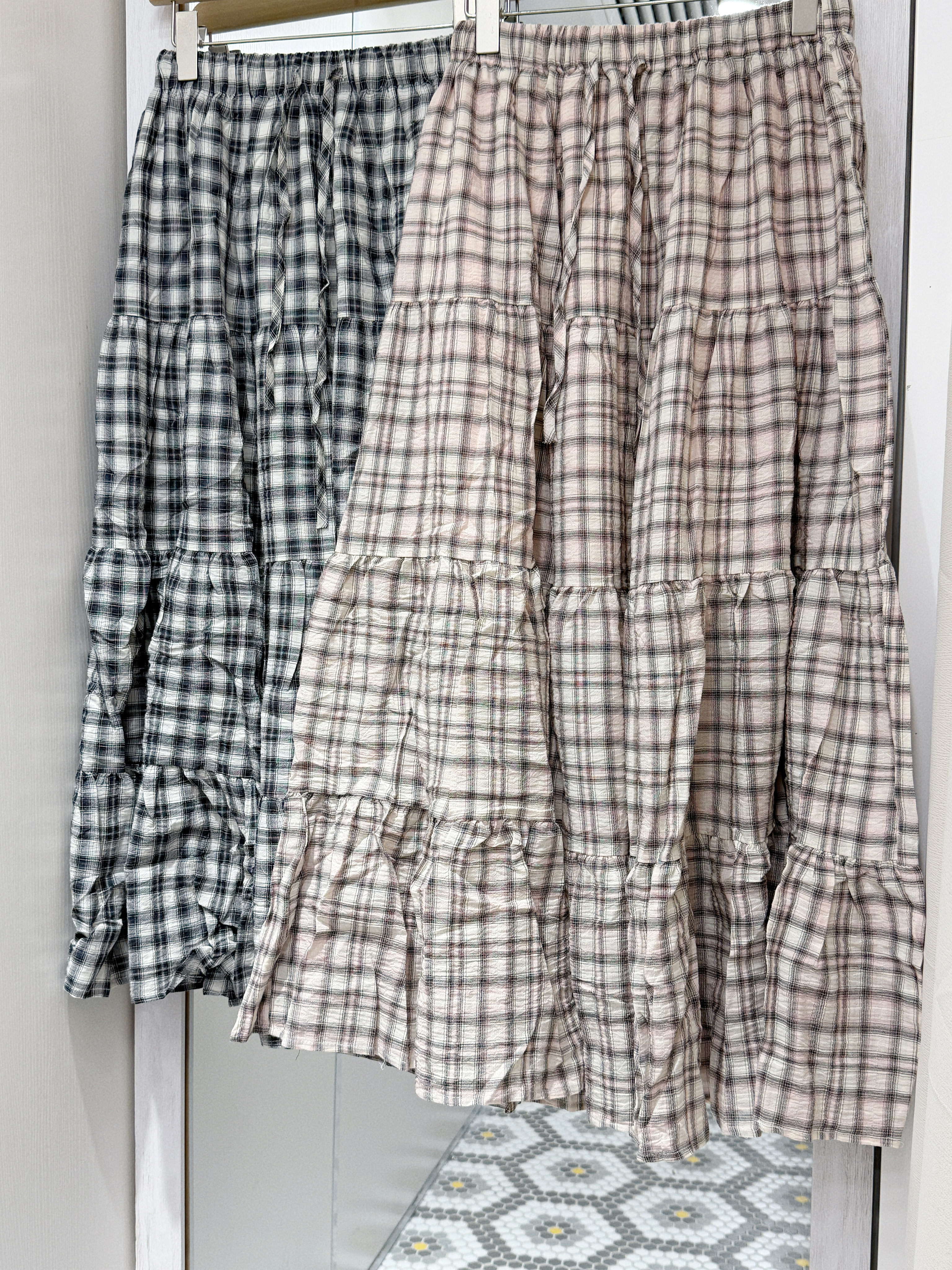 D0360｜田園風撞色格紋綁繩蛋糕長裙