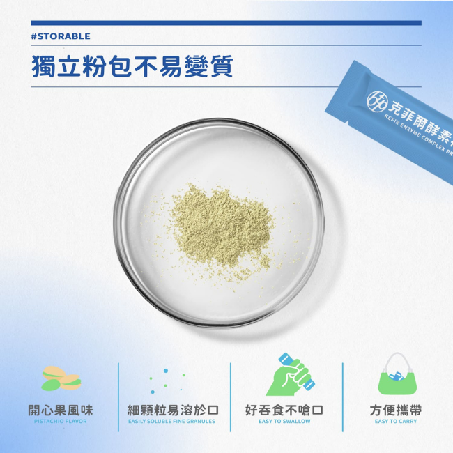 獨立粉包不易變質,開心果風味,PISTACHIO FLAVOR,細顆粒易溶於口,EASILY SOLUBLE FINE GRANULES,好吞食不嗆口,EASY TO SWALLOW,方便攜帶,EASY TO CARRY