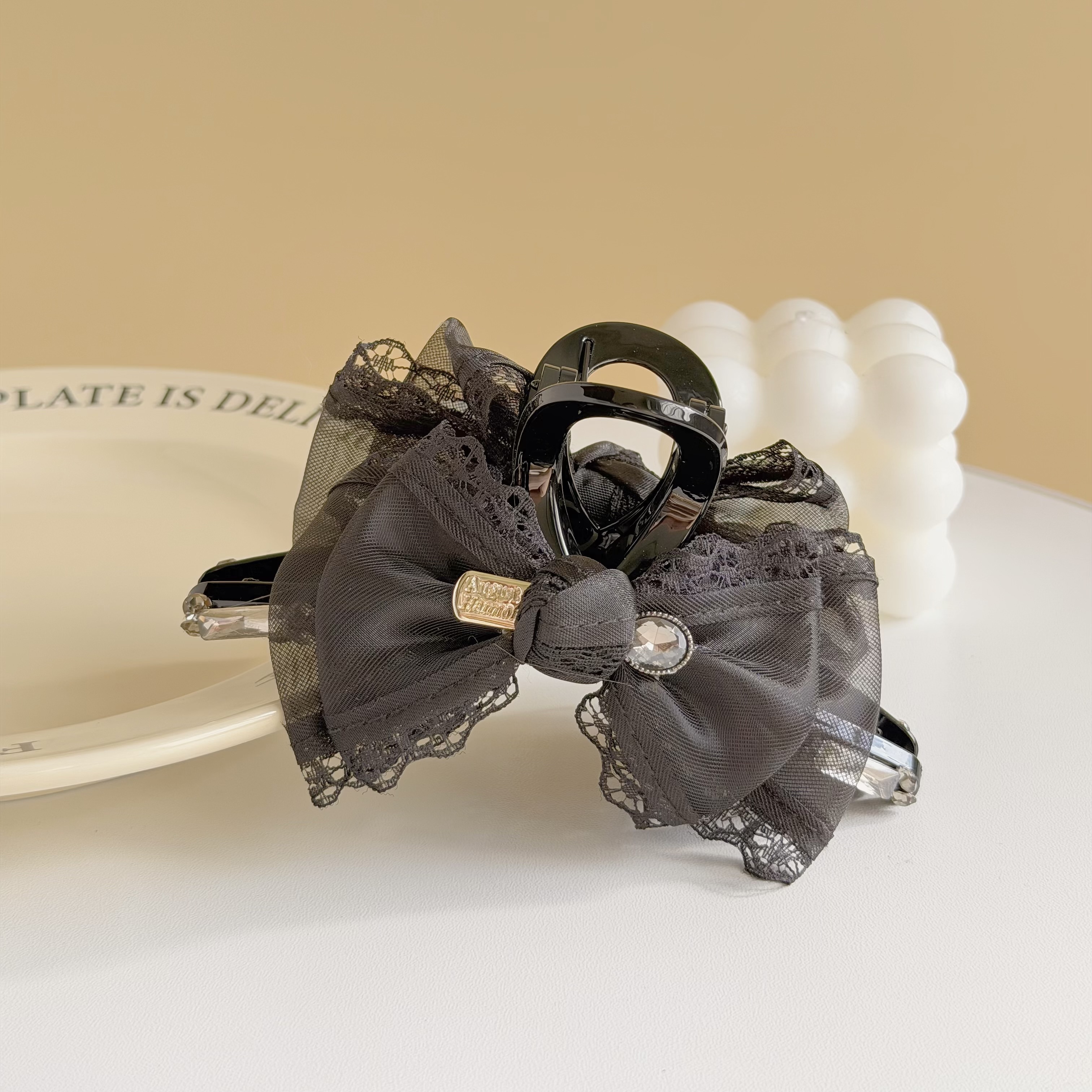 T169網紗蕾絲蝴蝶結方鑽鯊魚夾