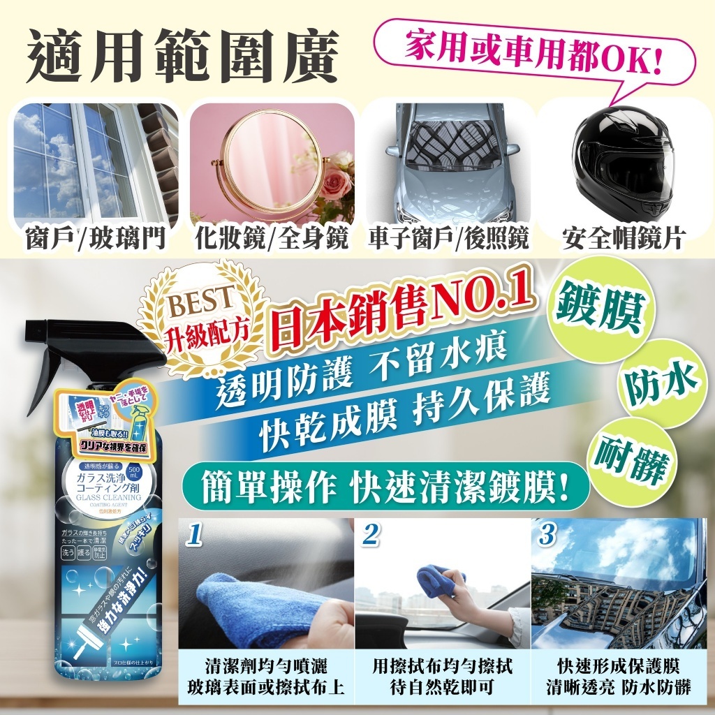 WSBB10066  日本黑科技NO.1💥【玻璃清潔鍍膜劑】500ml（5月中）