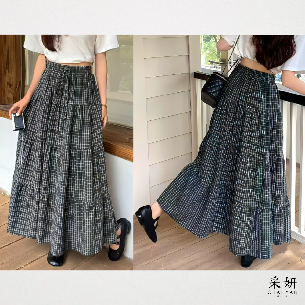 格紋亞麻蛋糕中長裙