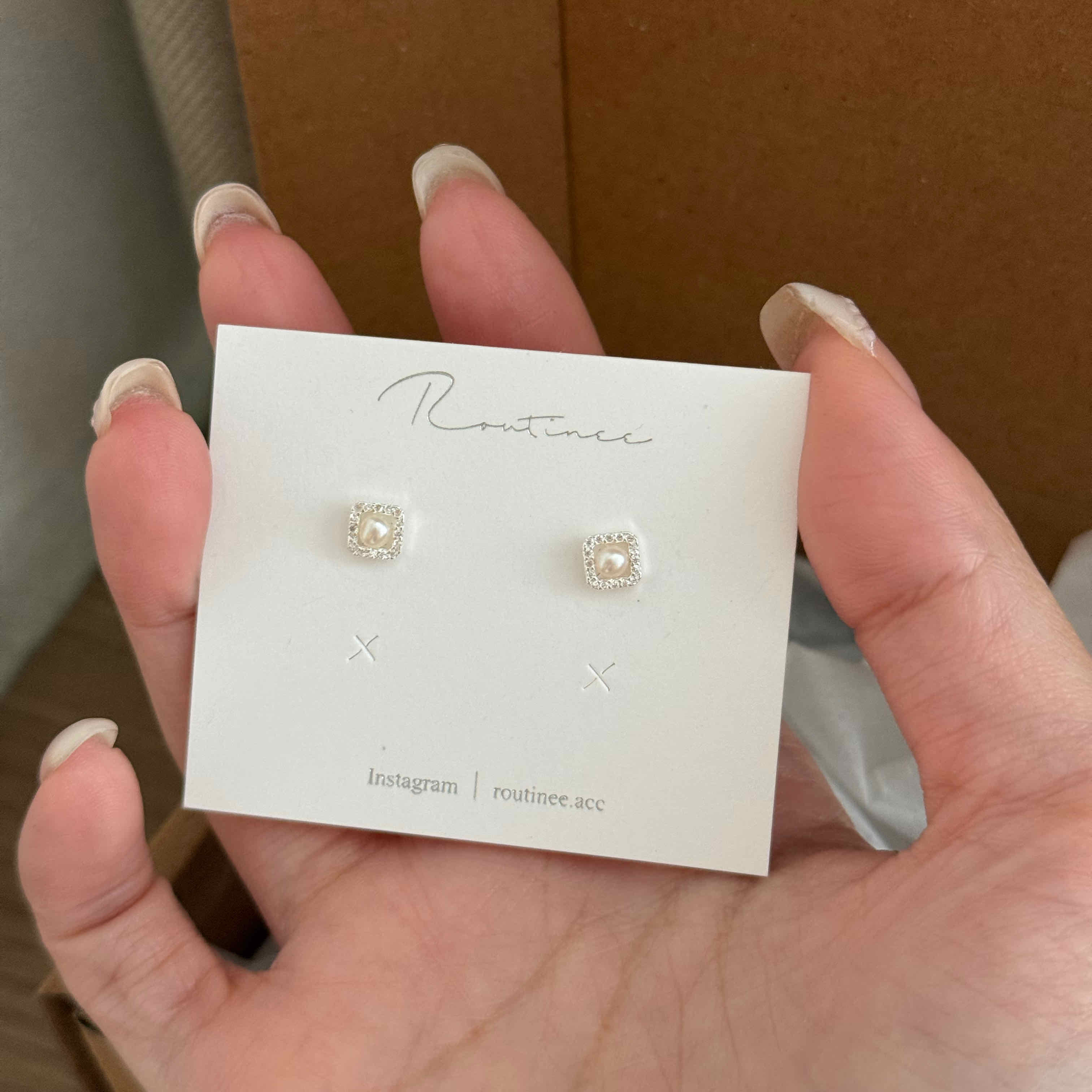 🇰🇷925 silver 方框滿鑽珍珠耳環