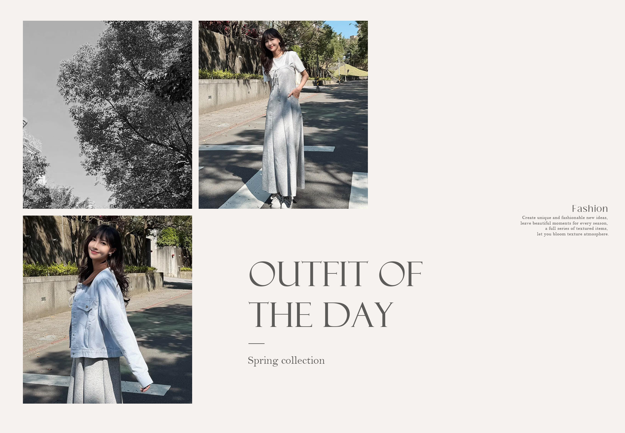 一位女性穿著淺灰色背心長洋裝，內搭白色短袖T恤。洋裝胸前有抽繩蝴蝶結細節，兩側有實用口袋，搭配白色運動鞋。