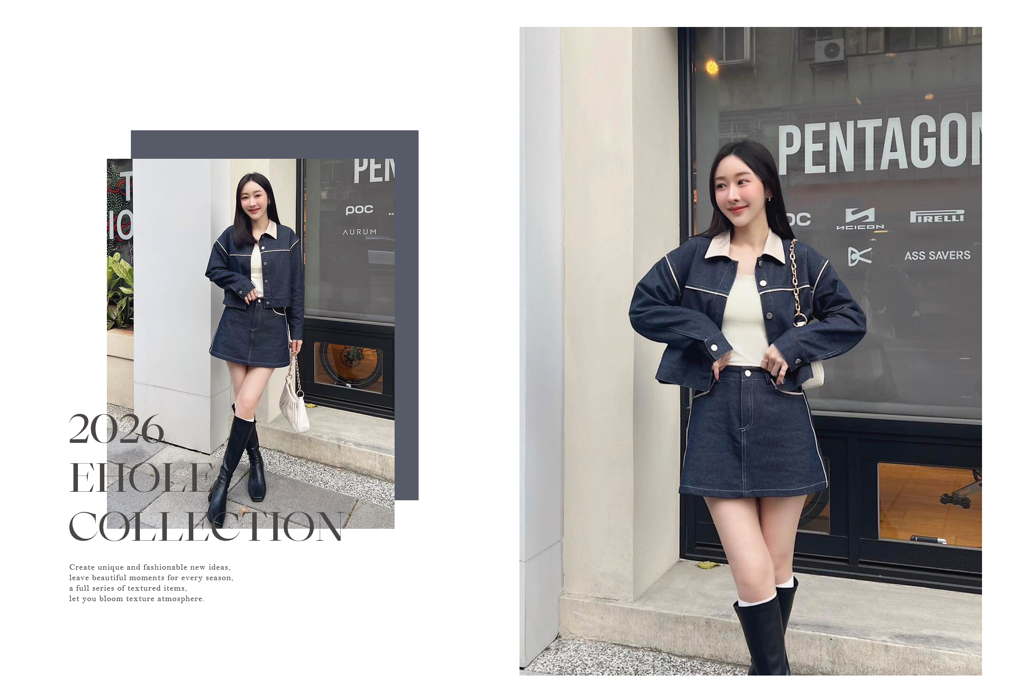 韓系短版對比縫線牛仔夾克與迷你A字裙套裝穿搭範例，搭配黑色高筒靴和白色襪子。