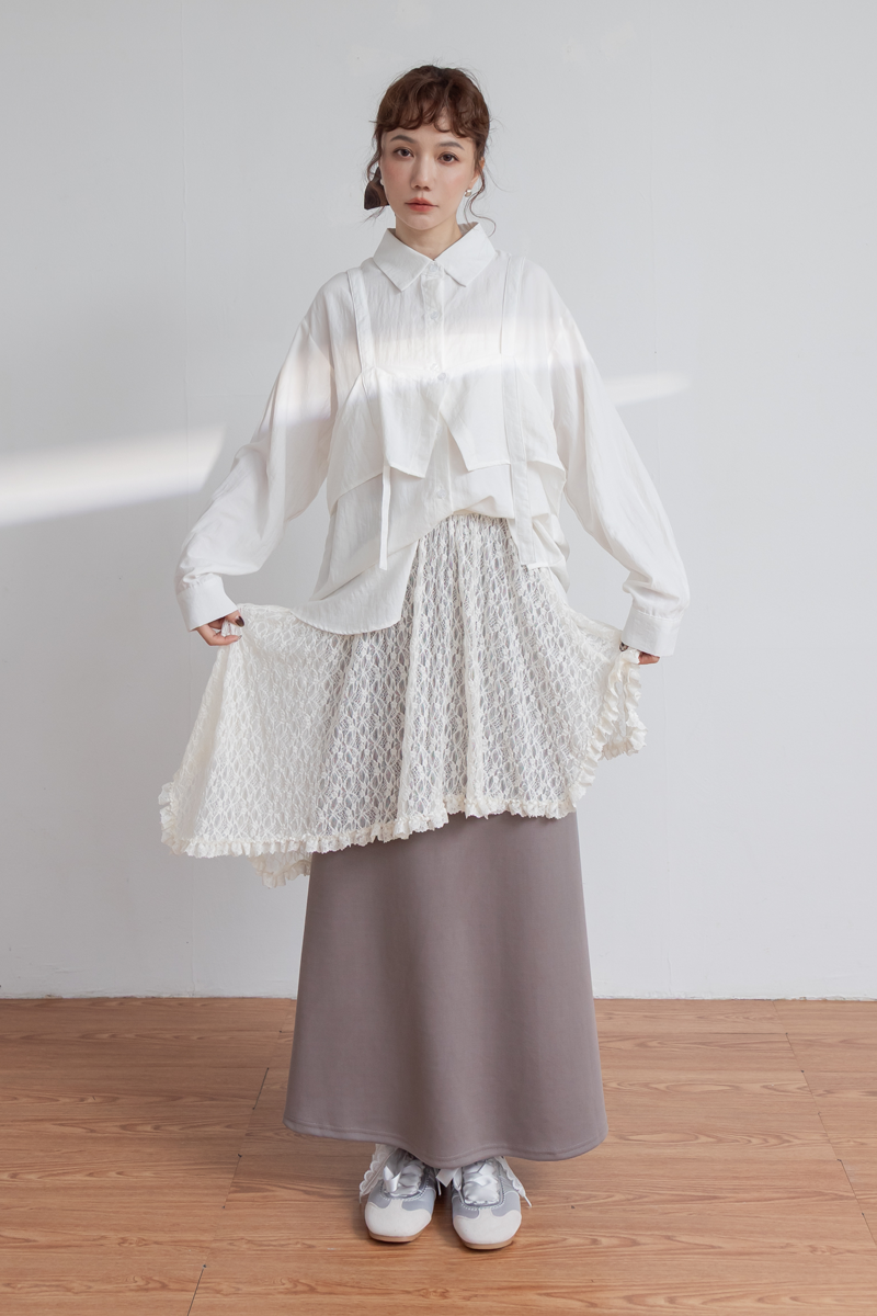 斜擺滾邊蕾絲彈性罩裙