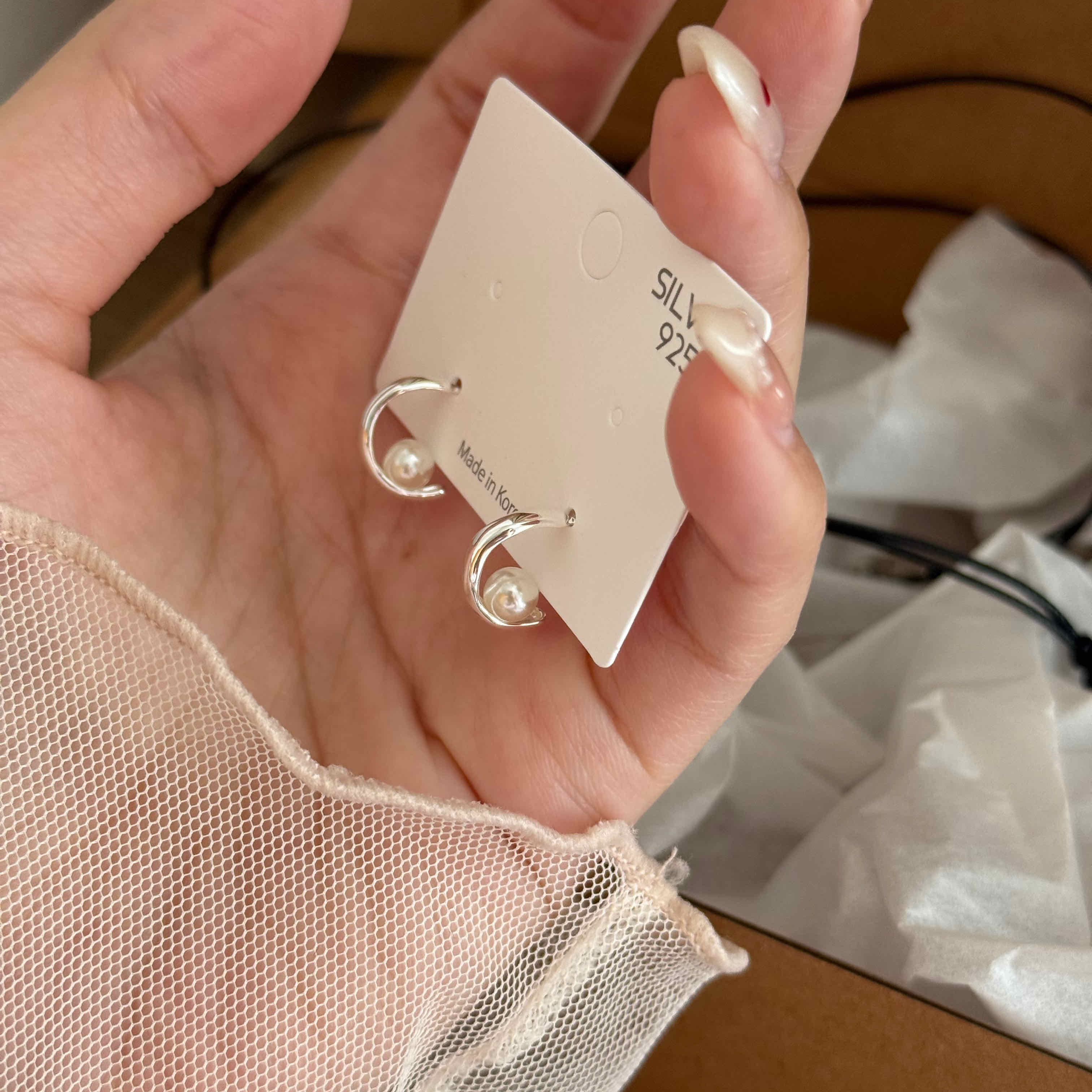 🇰🇷925 silver 施華洛珍珠C耳環