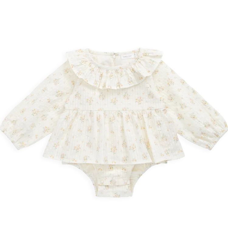 （預購）JAMIEKAY 花卉荷葉領長袖包屁衣 Organic Cotton Cecil Playsuit - Justine Parchment