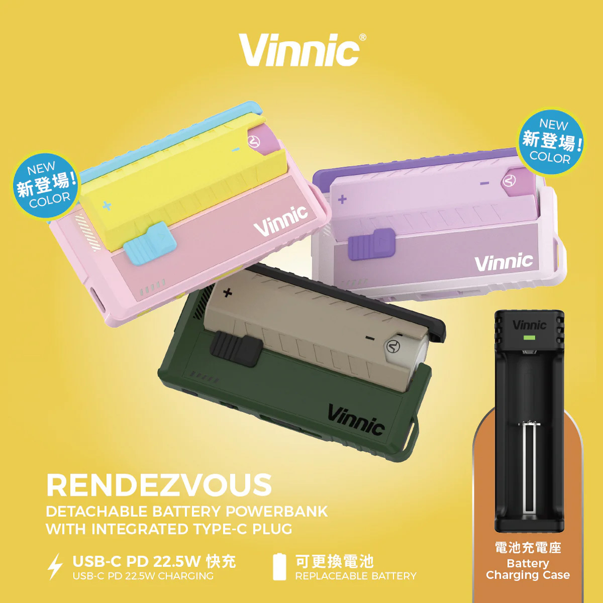 Vinnic Rendezvous 5,000mAh 可換電Type-C 直插式 雙輸出行動電源 (附21700電池兩枚) VPPB-DC05G1