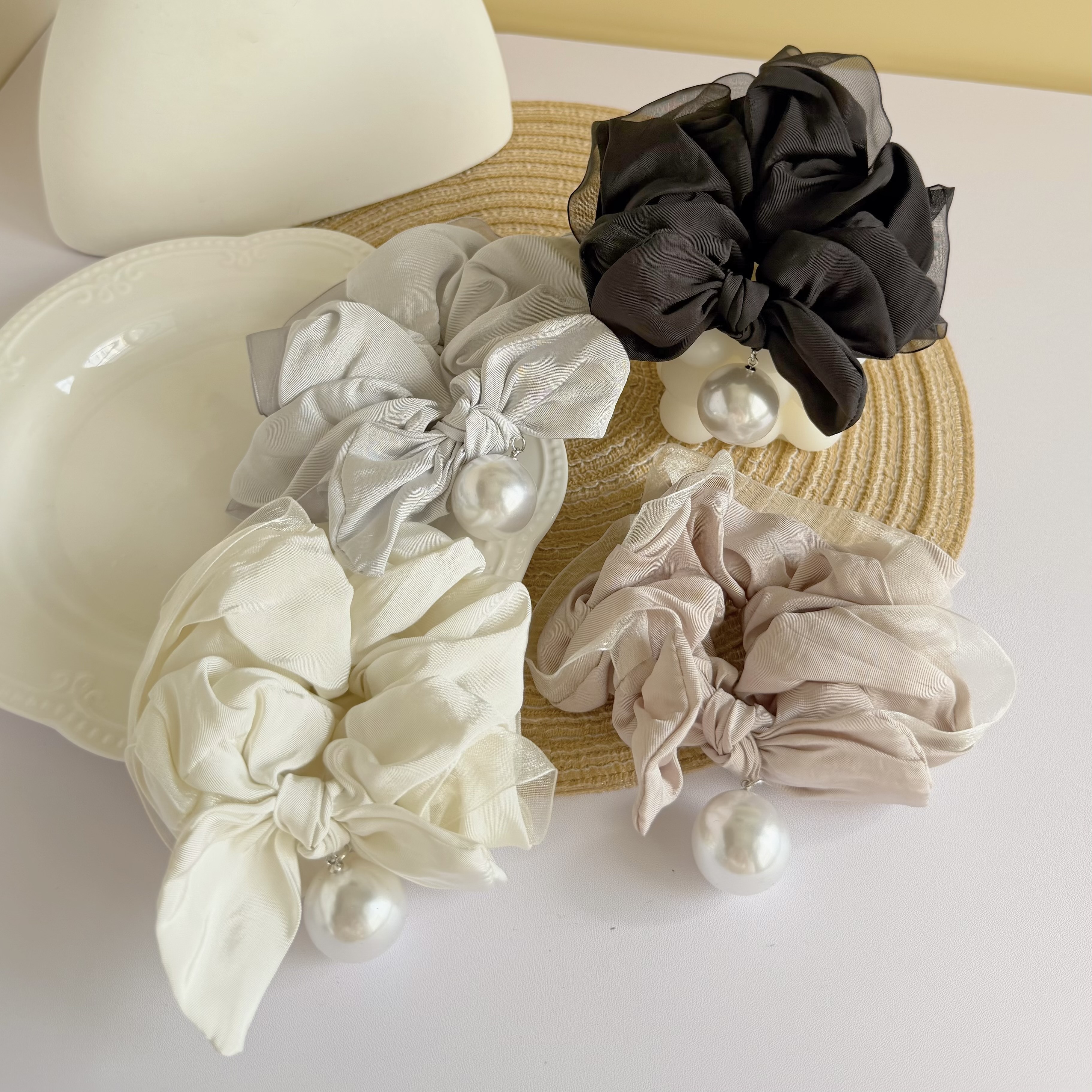 T180網紗邊布面珍珠蝴蝶結大腸髮圈