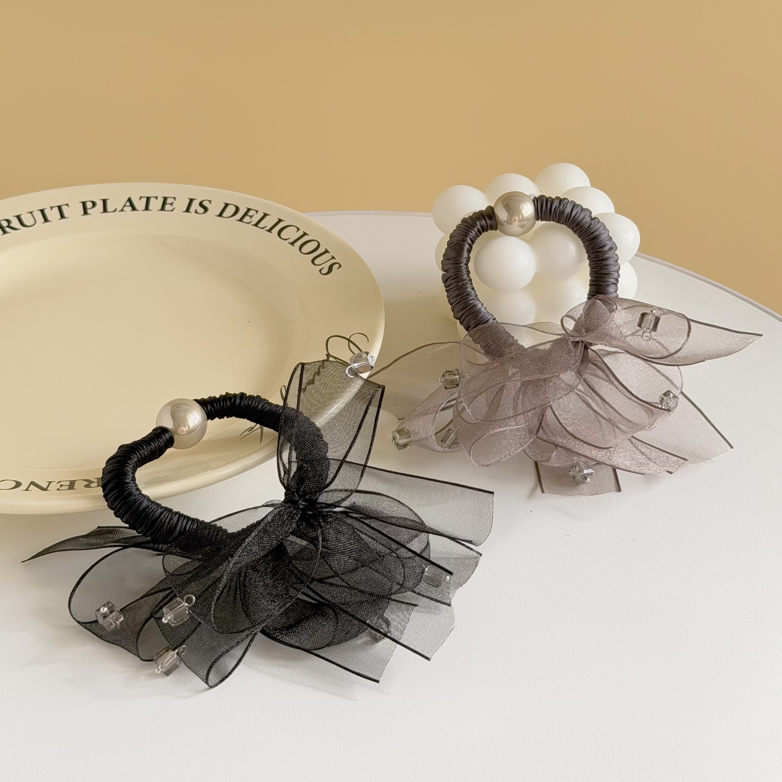 T182水晶網紗蝴蝶結珍珠髮圈