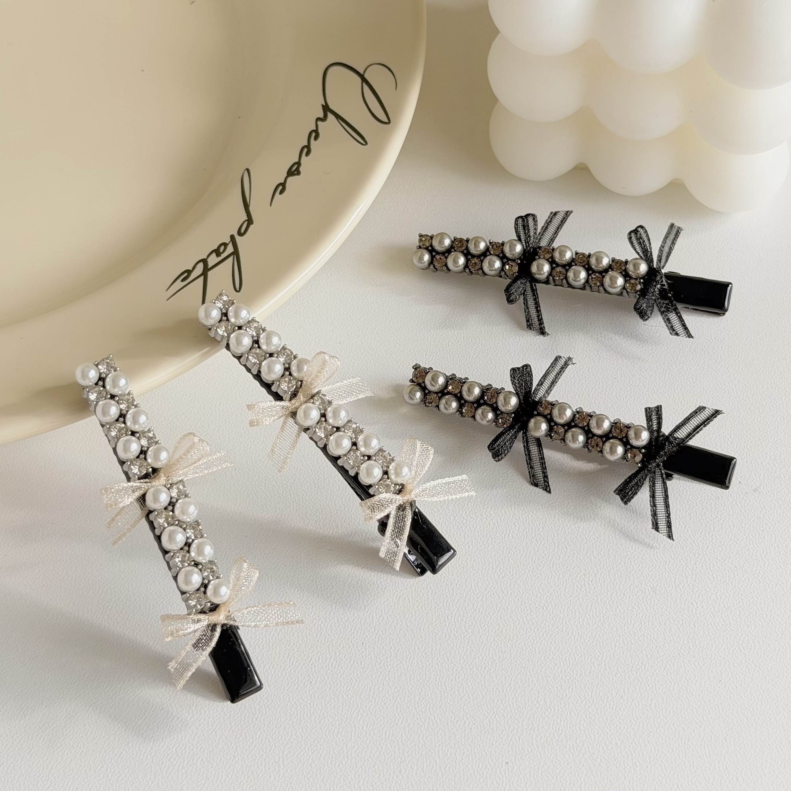 W111珍珠水鑽蝴蝶結壓夾【單支】