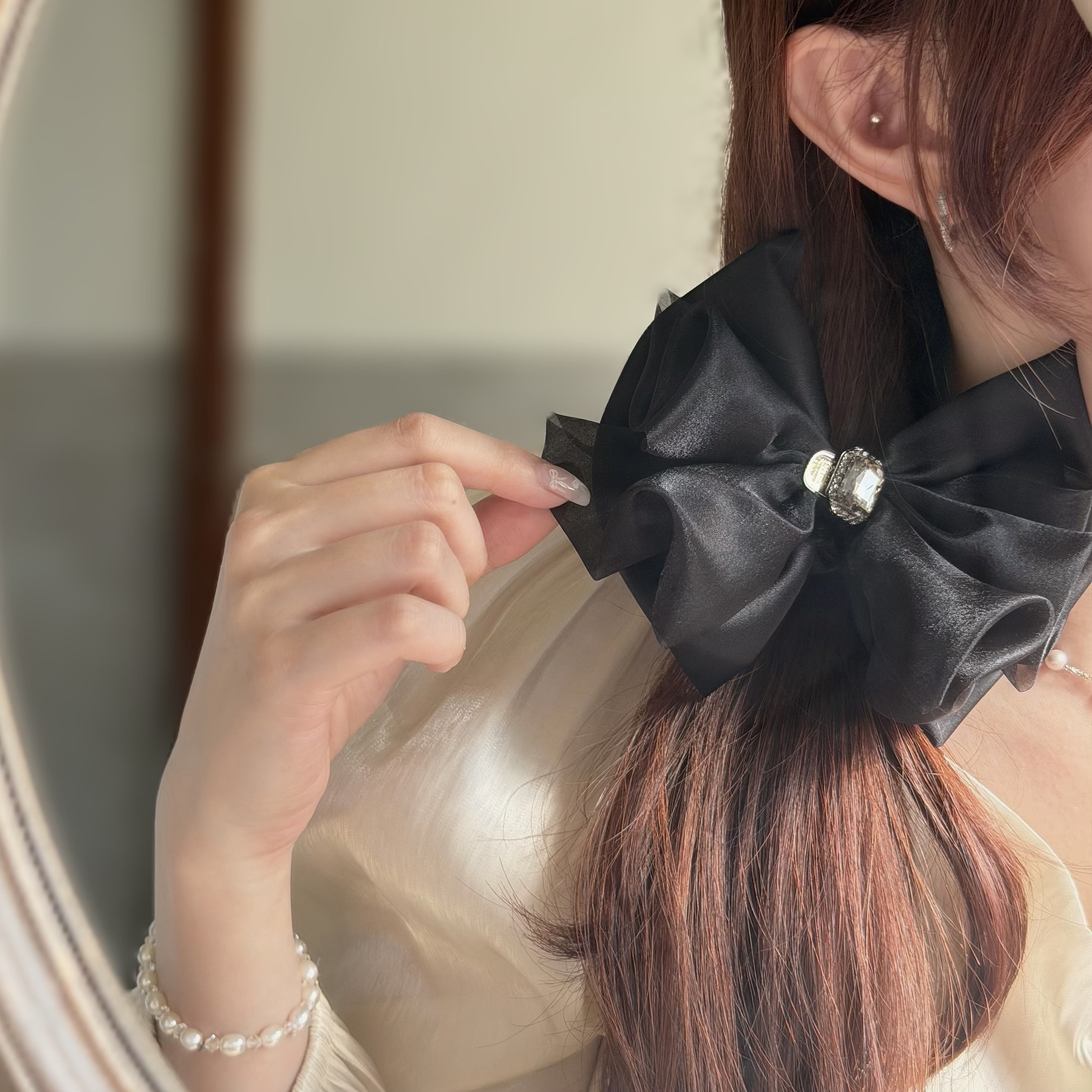 T181網紗滑布方鑽蝴蝶結髮圈