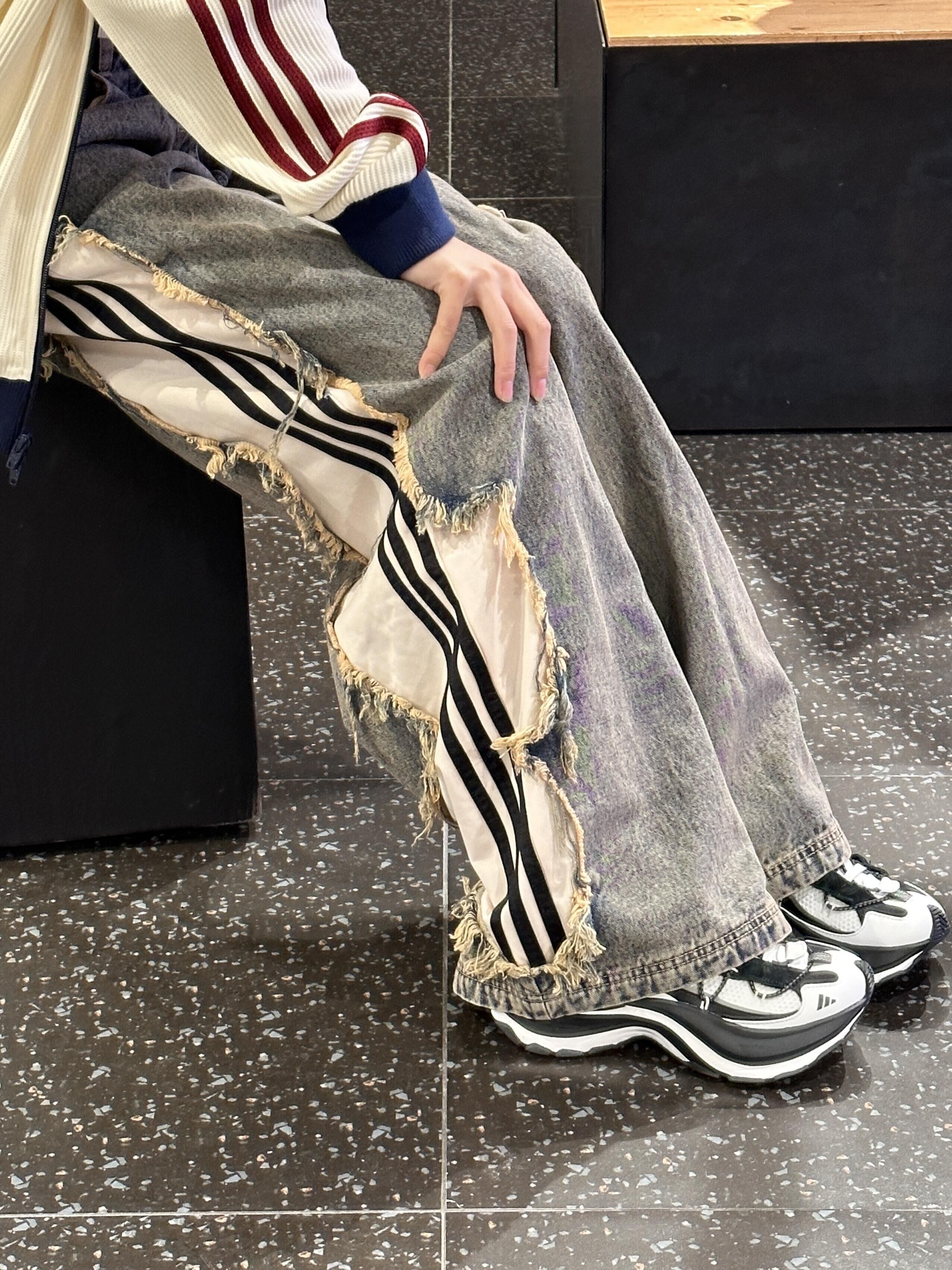 本週限時接單!! Adidas Originals ADILENIUM 復古破壞牛仔褲 闊腿褲 寬鬆 做舊 流蘇 淺灰色 淺藍色 (任買兩件7-11免運)/預購