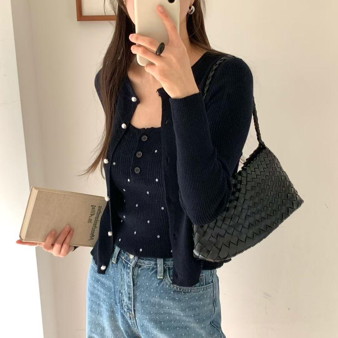 配色點點排釦細肩帶背心+罩衫外套SET / 3色