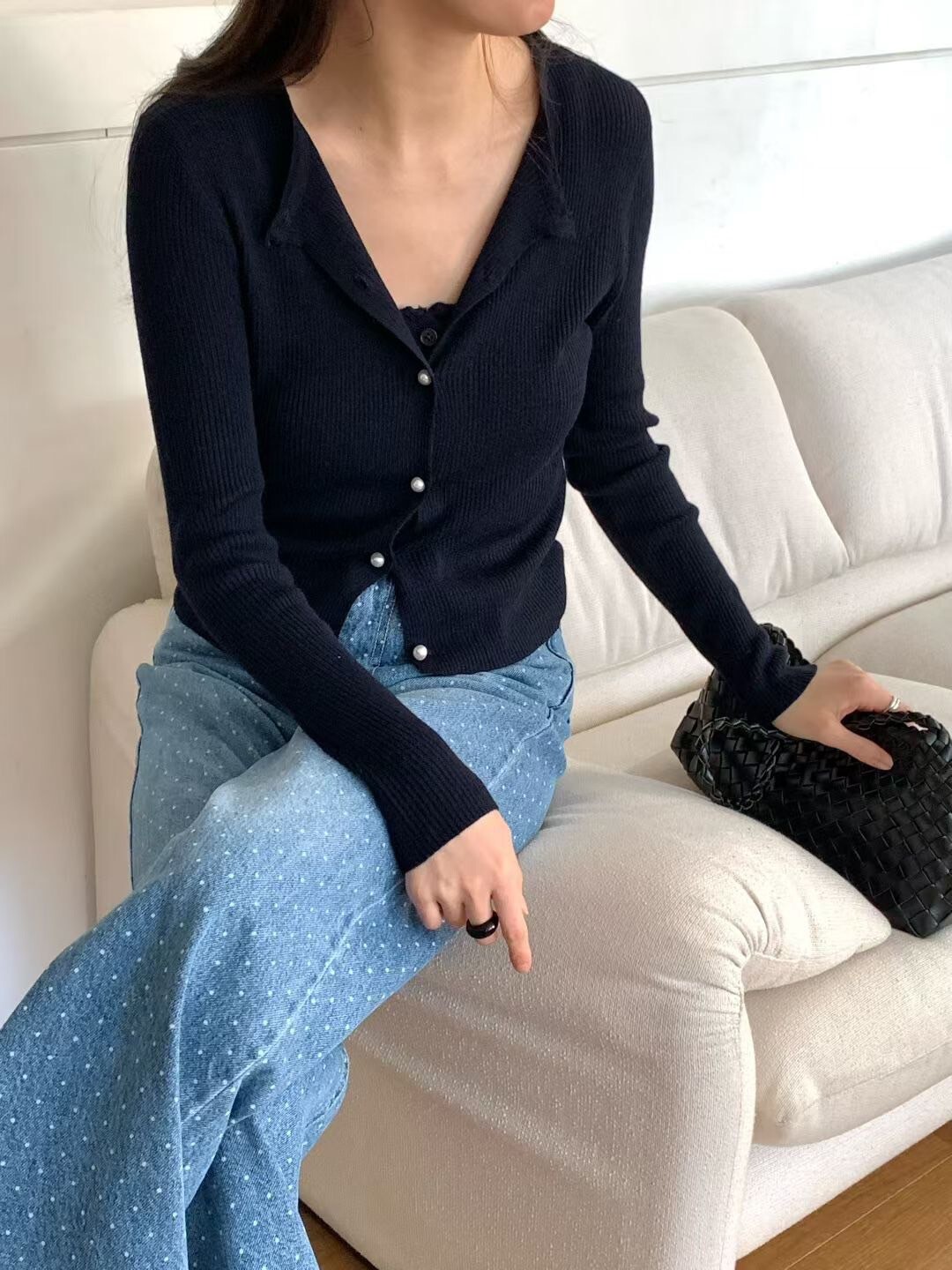 配色點點排釦細肩帶背心+罩衫外套SET / 3色