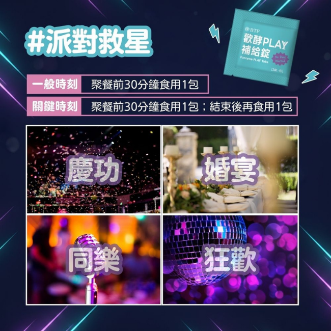派對救星,一般时刻,聚餐前30分鐘食用1包,關鍵時刻,聚餐前30分鐘食用1包,結束後再食用1包,情境,慶功,婚宴,同樂,狂歡