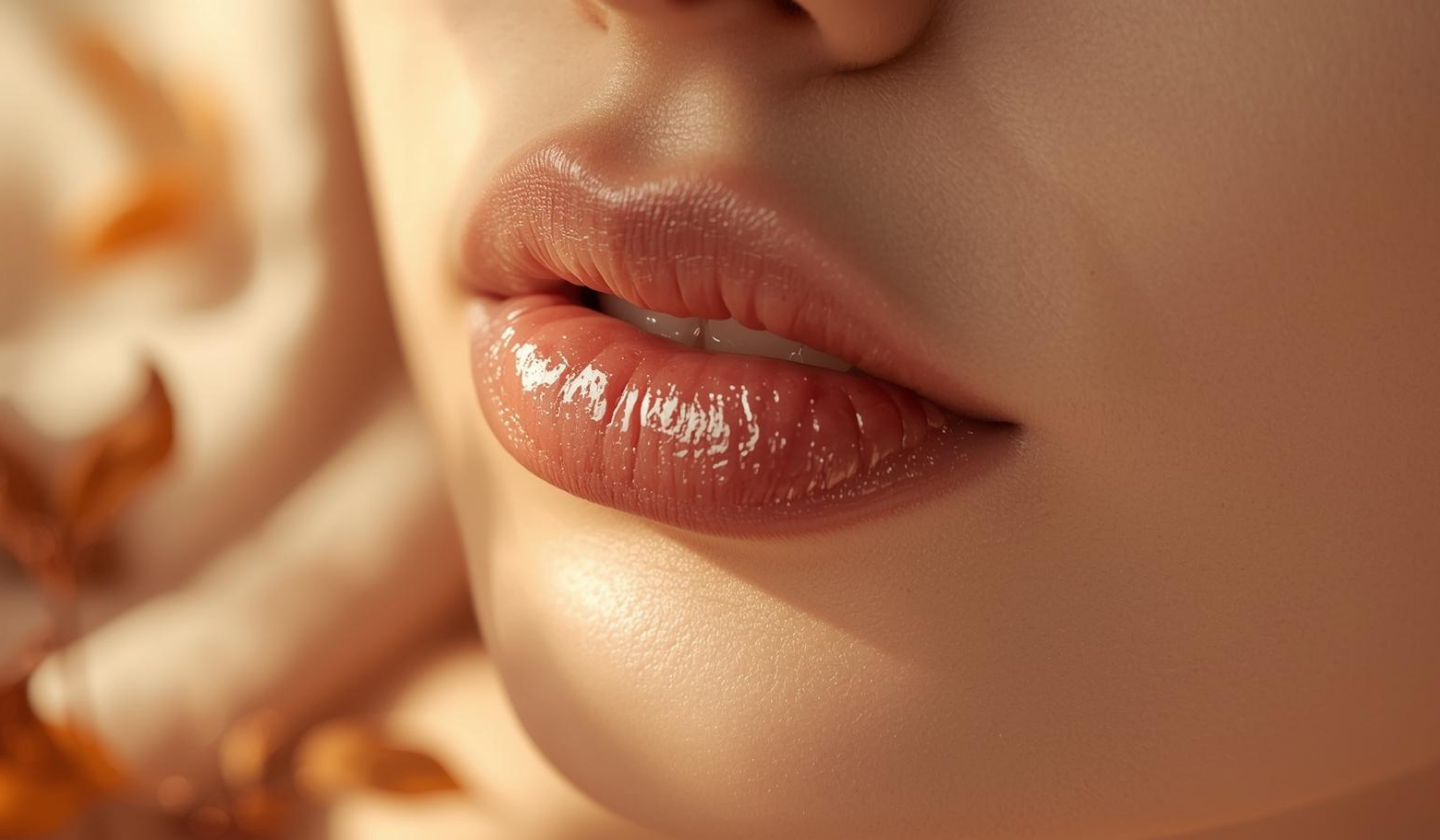 轉季護唇概念圖，女性微乾嘴唇特寫，下唇有一滴露珠，背景模糊暖色調，溫柔護理感