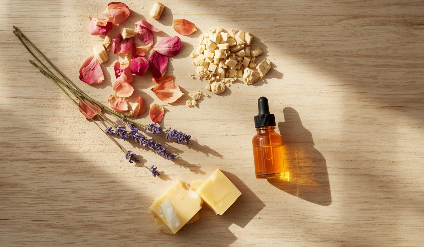 天然有機護唇成分平鋪圖，玫瑰花瓣、薰衣草、蜂蠟、杏仁油滴瓶，木系背景大地色調