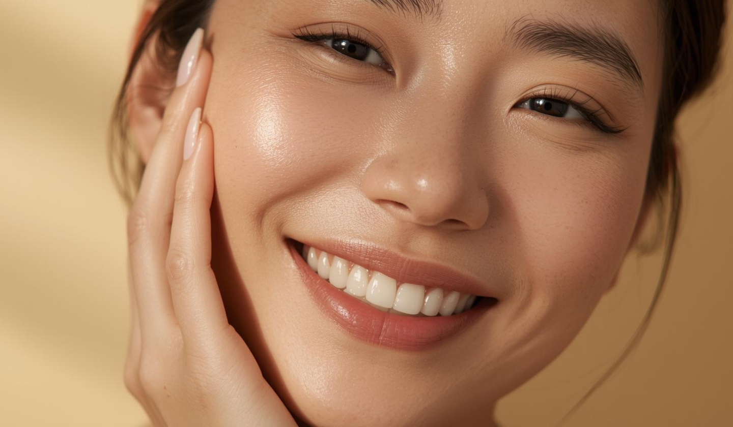 自我護理概念圖，女性輕觸面頰微笑，自然光水潤肌膚，溫暖放鬆氛圍