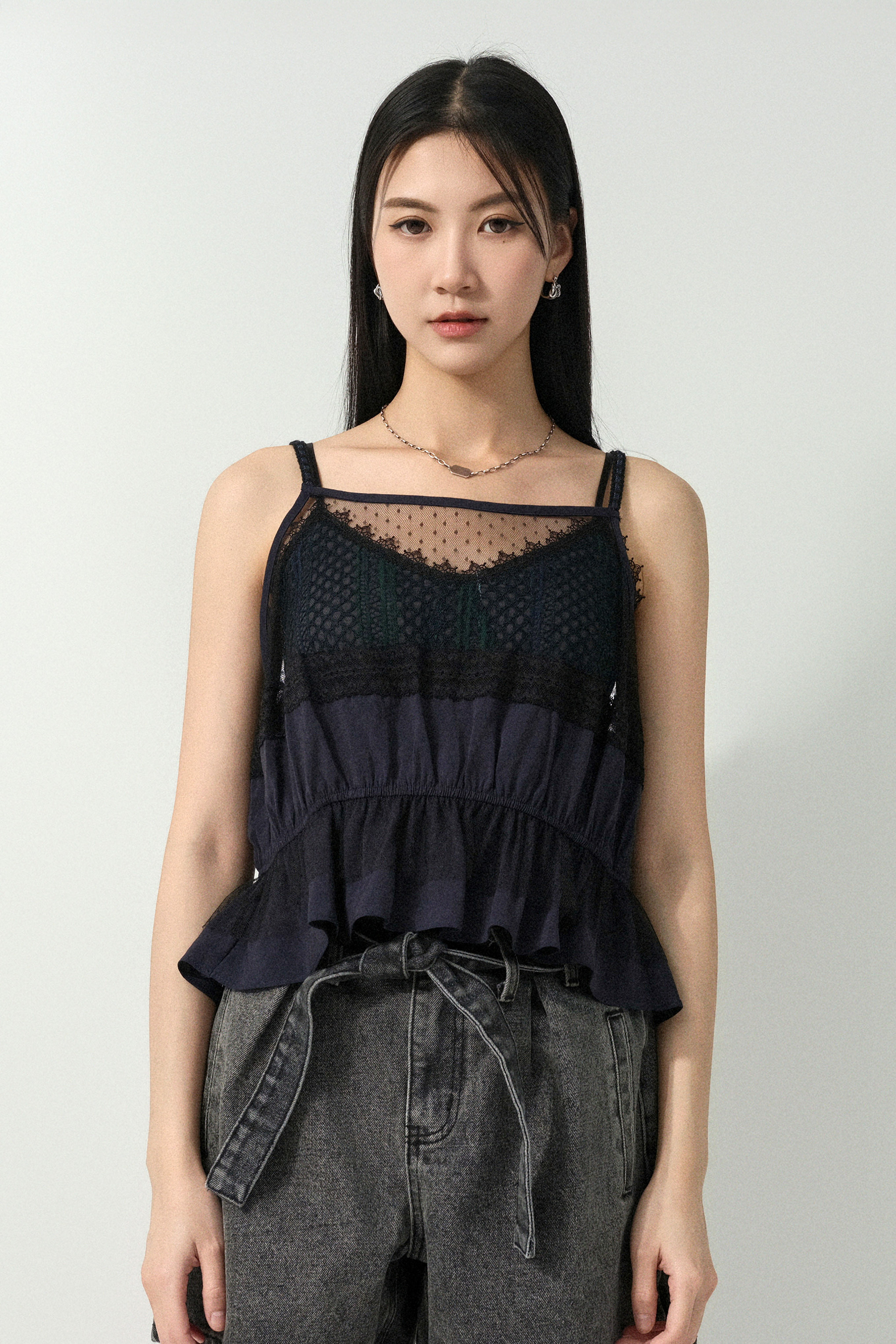 波點網拼洗水絲吊帶背心  (預購產品）