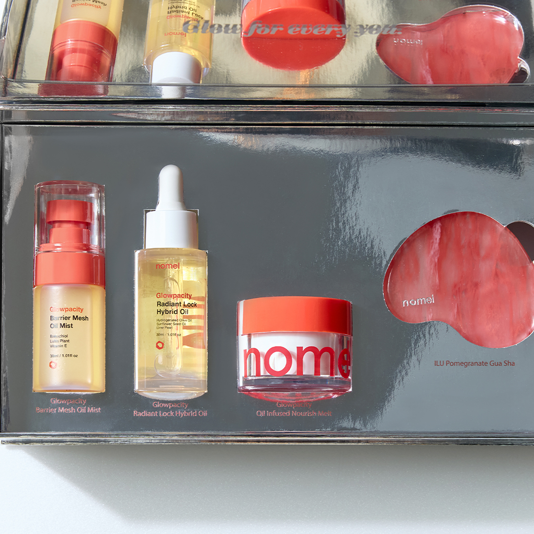 Inside the Glowpacity Box: Barrier Mesh Oil Mist, Radiant Lock Hybrid Oil, Oil Infused Nourish Melt, and ILU Pomegranate Gua Sha