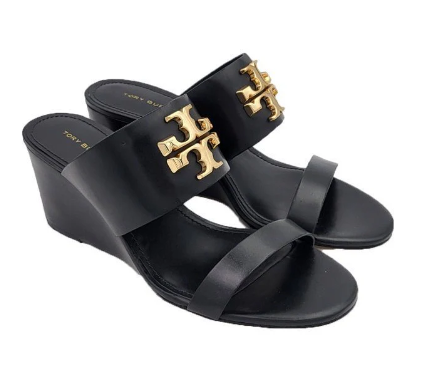 [S] TORY BURCH EVERLY 65MM SANDAL WEDGE CALF LEATHER,PERFECT BLACK/GOLD, 81616-001 [FINAL SALE] (STB673)
