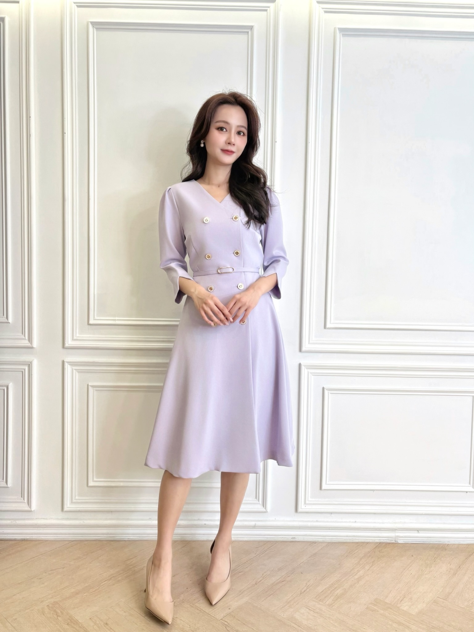 七分袖雙排釦腰帶傘洋