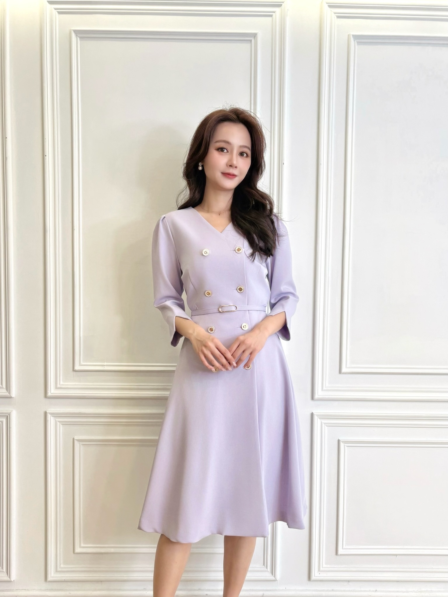 七分袖雙排釦腰帶傘洋