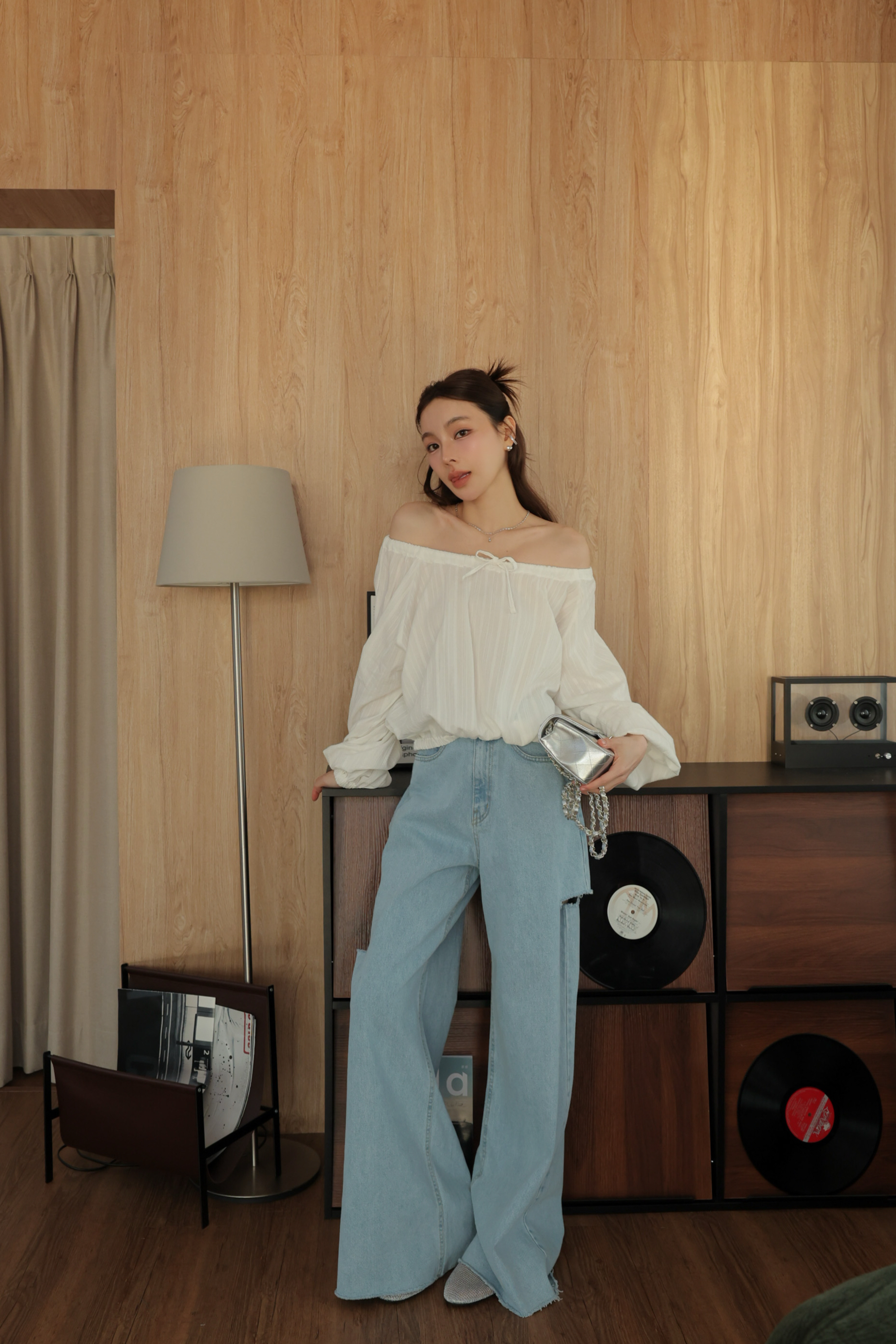 雙釦長腿割破寬褲 HA31