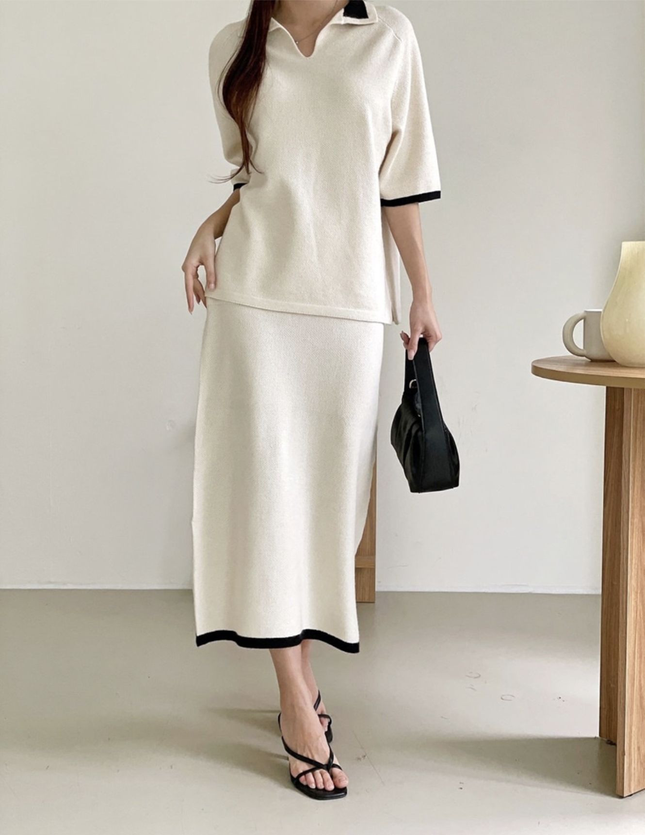配色翻領五分袖造型上衣+滾邊長裙SET / 3色