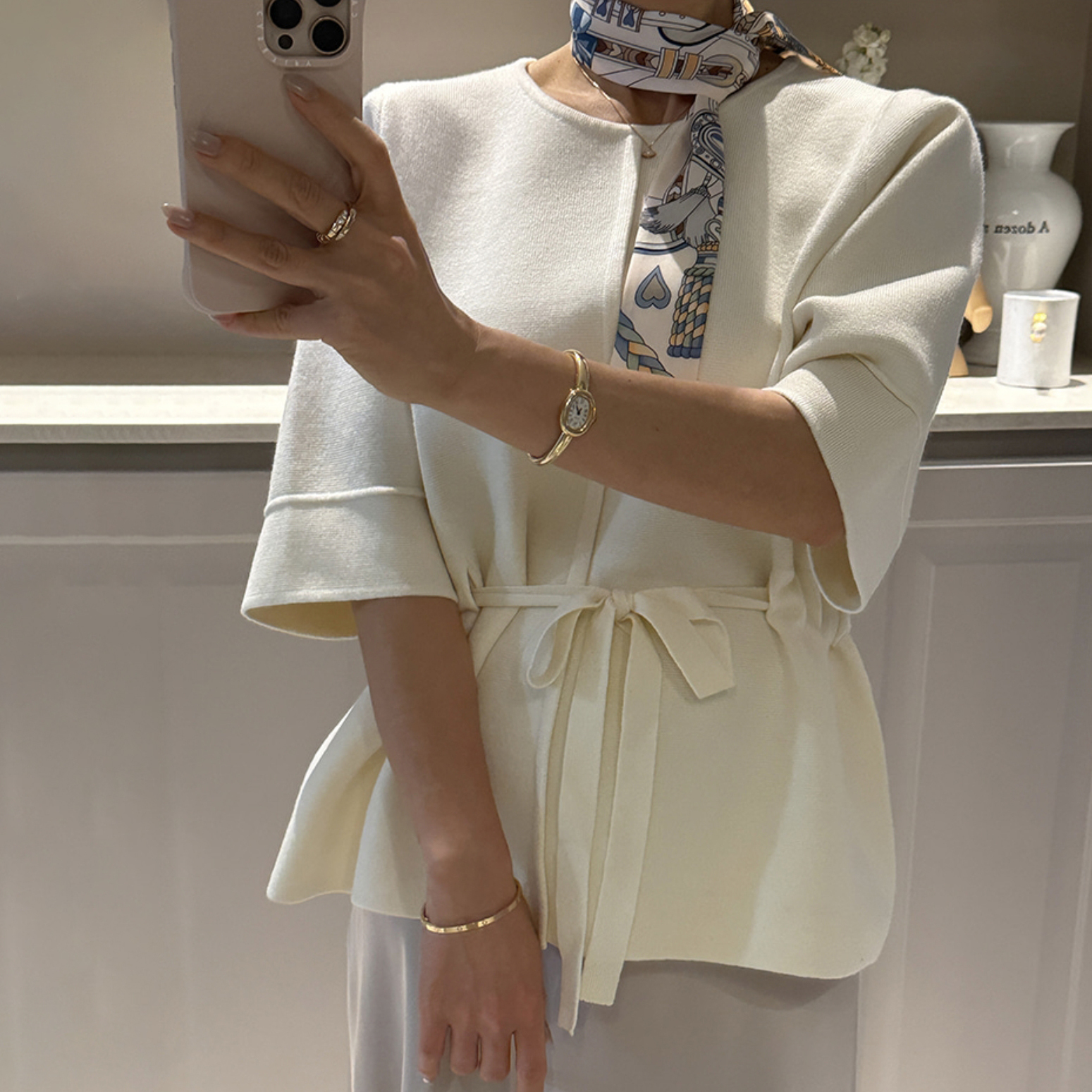 可愛女子兩側抽繩綁帶造型圓領上衣 / 3色