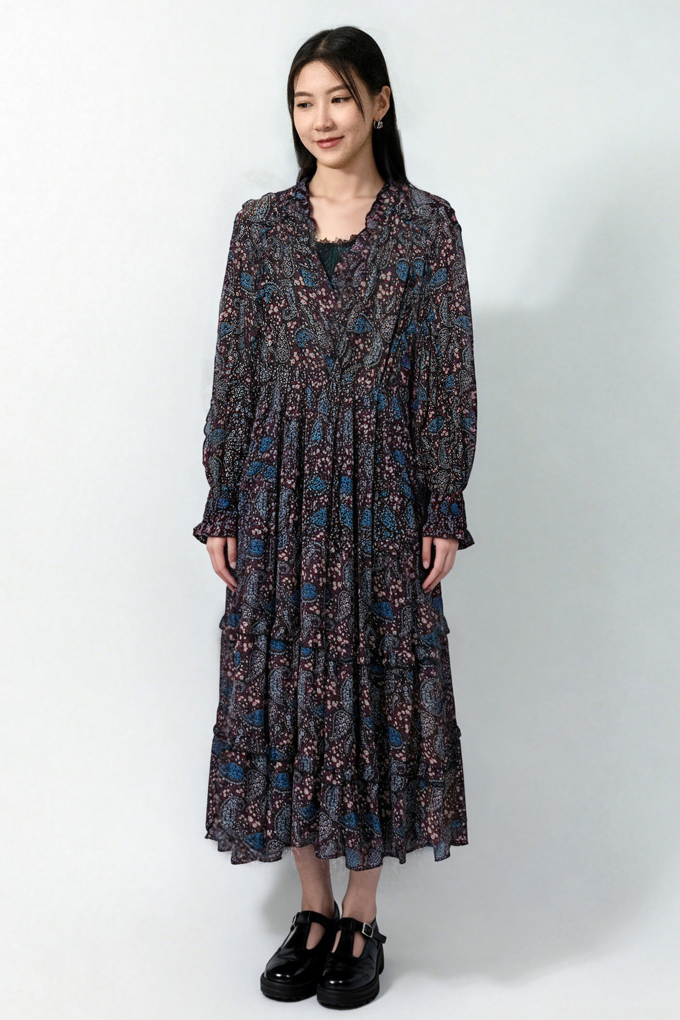 腰果碎花雪紡復古連身裙 （預購產品）