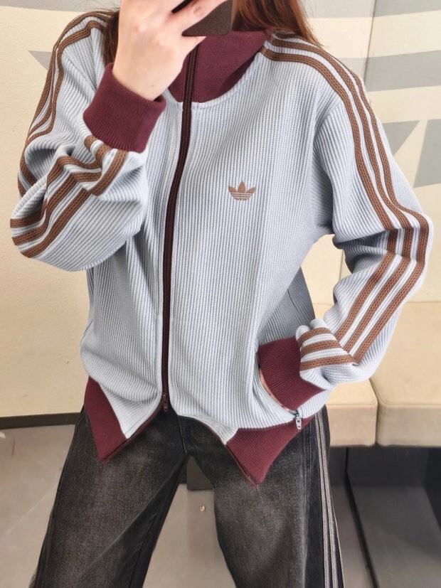 【Luxury】 ADIDAS ORIGINALS 華夫格風立領外套 雙拉鍊 三葉草 奶油白 灰藍 KY5770 KY5769