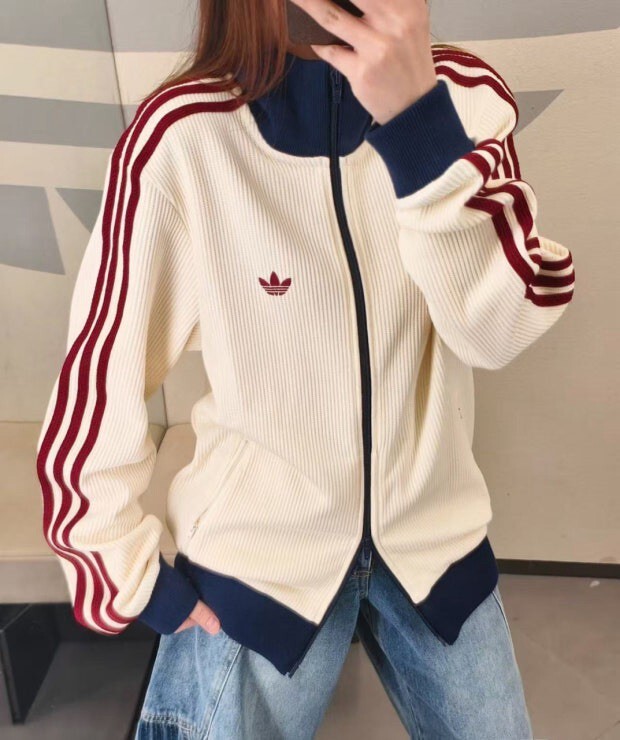 【Luxury】 ADIDAS ORIGINALS 華夫格風立領外套 雙拉鍊 三葉草 奶油白 灰藍 KY5770 KY5769