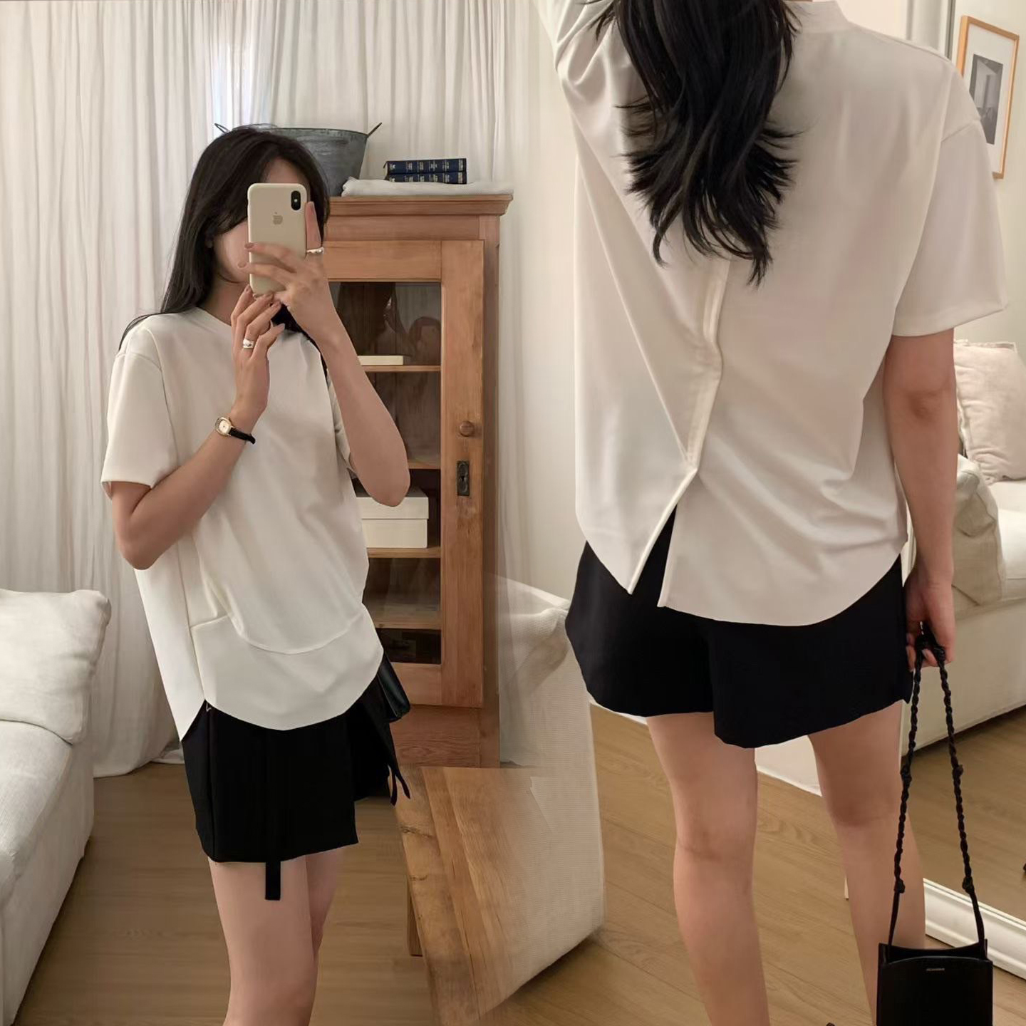 側圓弧後排釦造型圓領短袖上衣 / 2色