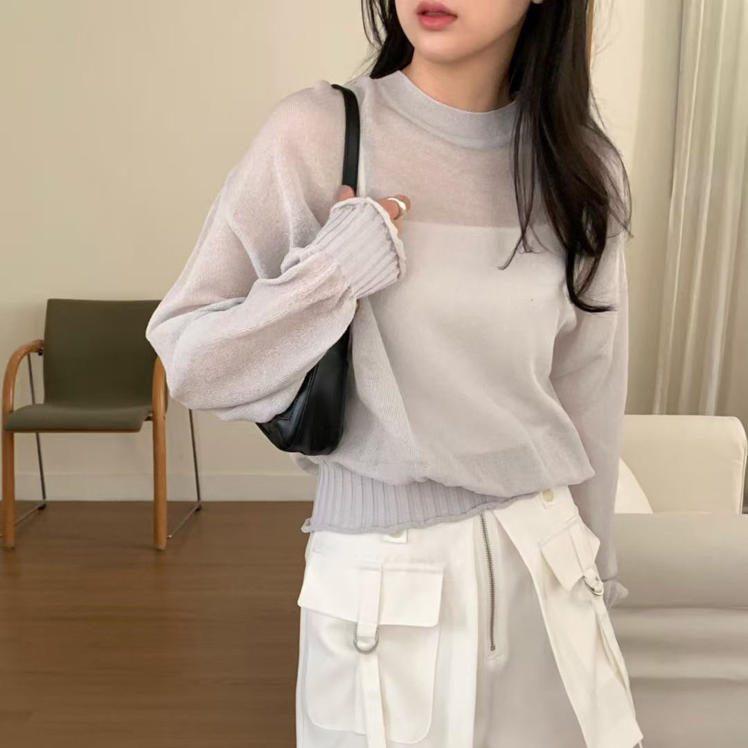 可愛女子圓領收腰透膚感針織上衣 / 3色