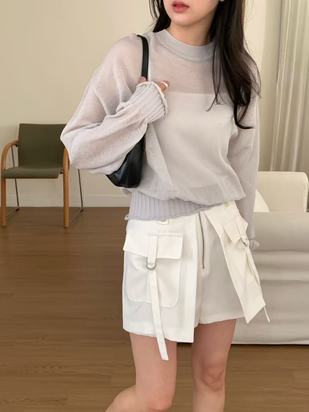 可愛女子圓領收腰透膚感針織上衣 / 3色