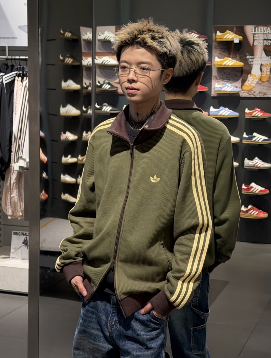 ADIDAS 華夫格 立領外套 橄欖綠