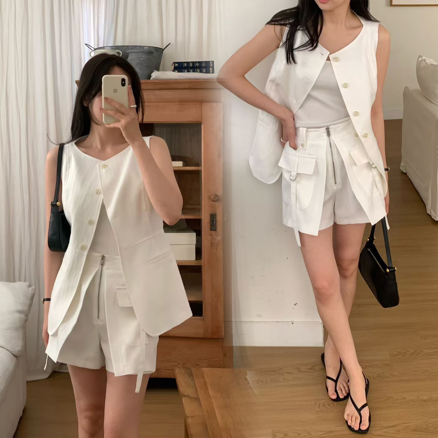 圓領排釦背心外套+假兩件拉鍊造型短褲SET-S-M / 2色