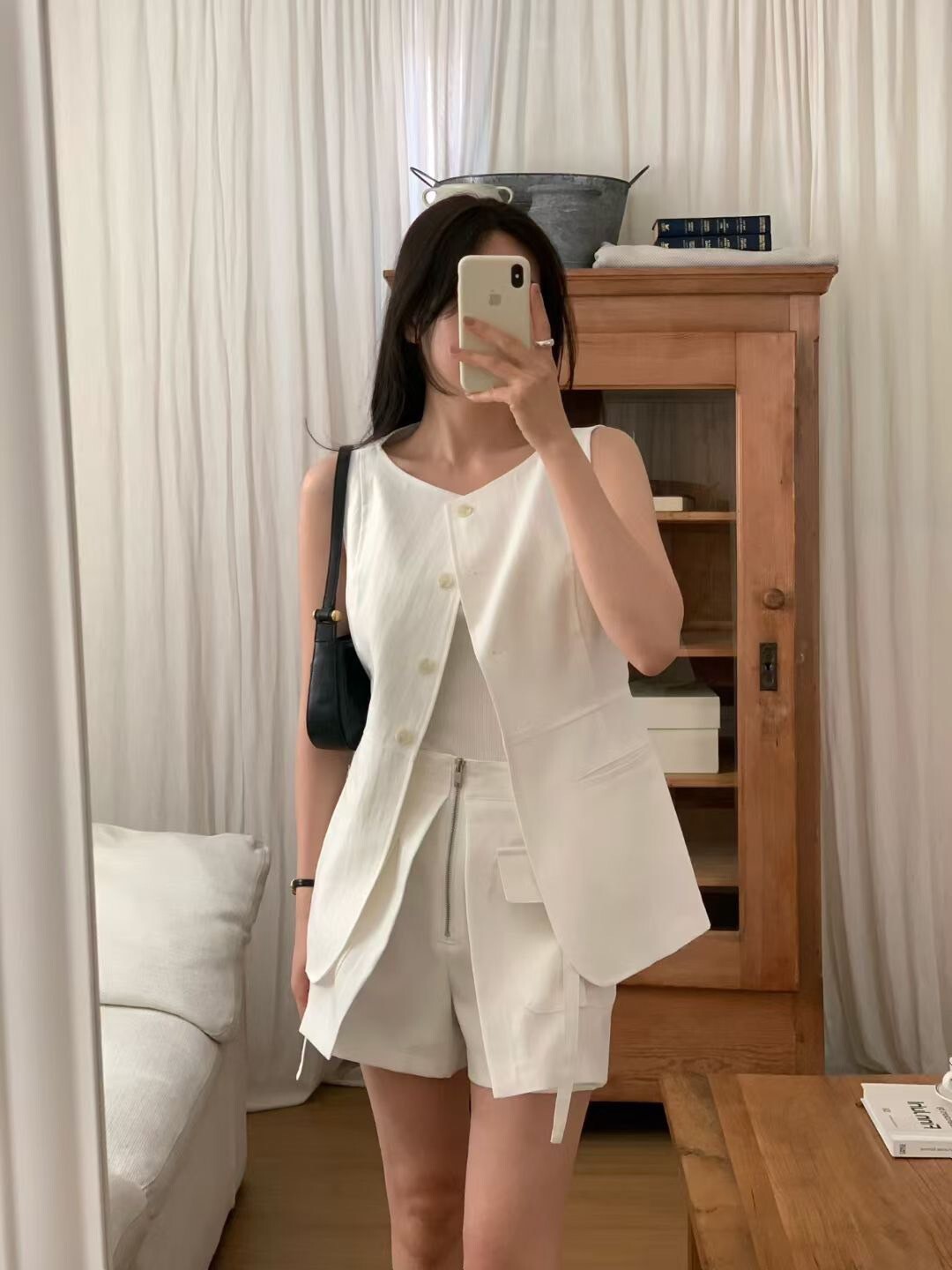 圓領排釦背心外套+假兩件拉鍊造型短褲SET-S-M / 2色